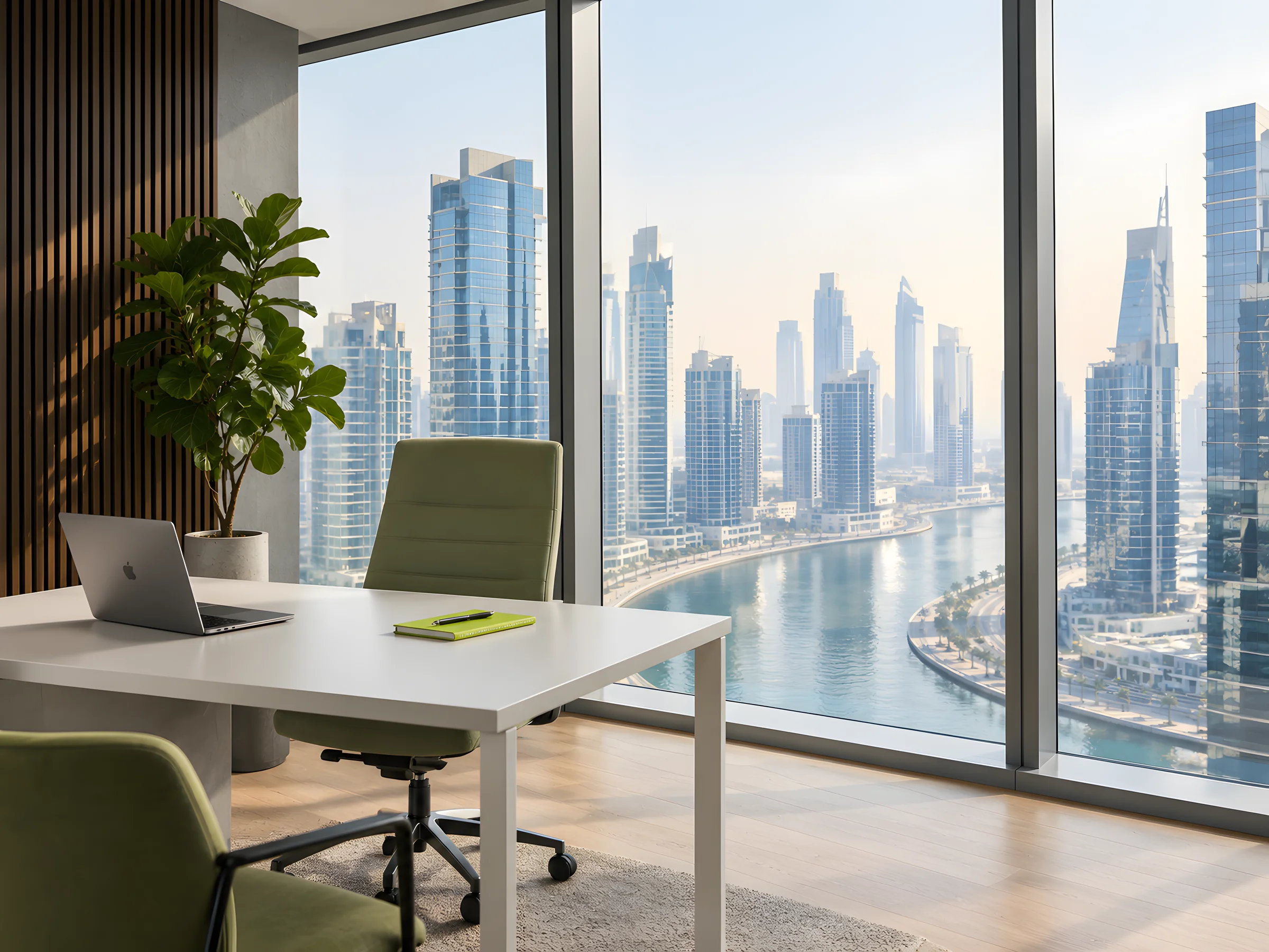 An office desk overlooking the Business Bay skyline and Dubai Canal
