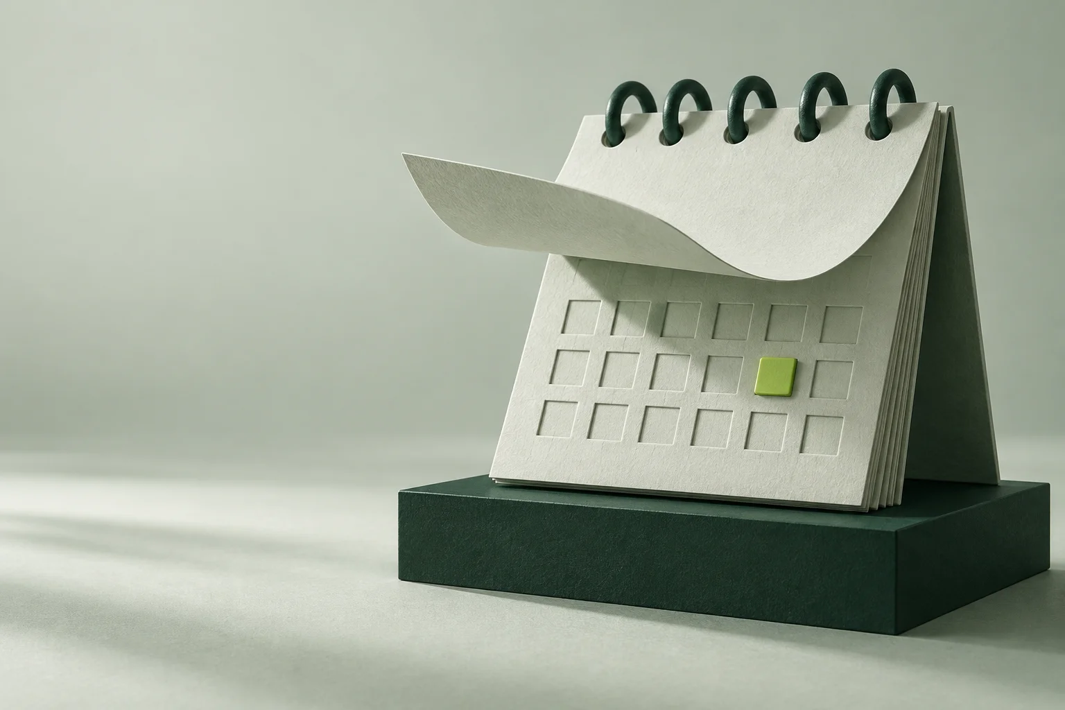 Sculptural calendar with one highlighted deadline and a page turning above a green plinth