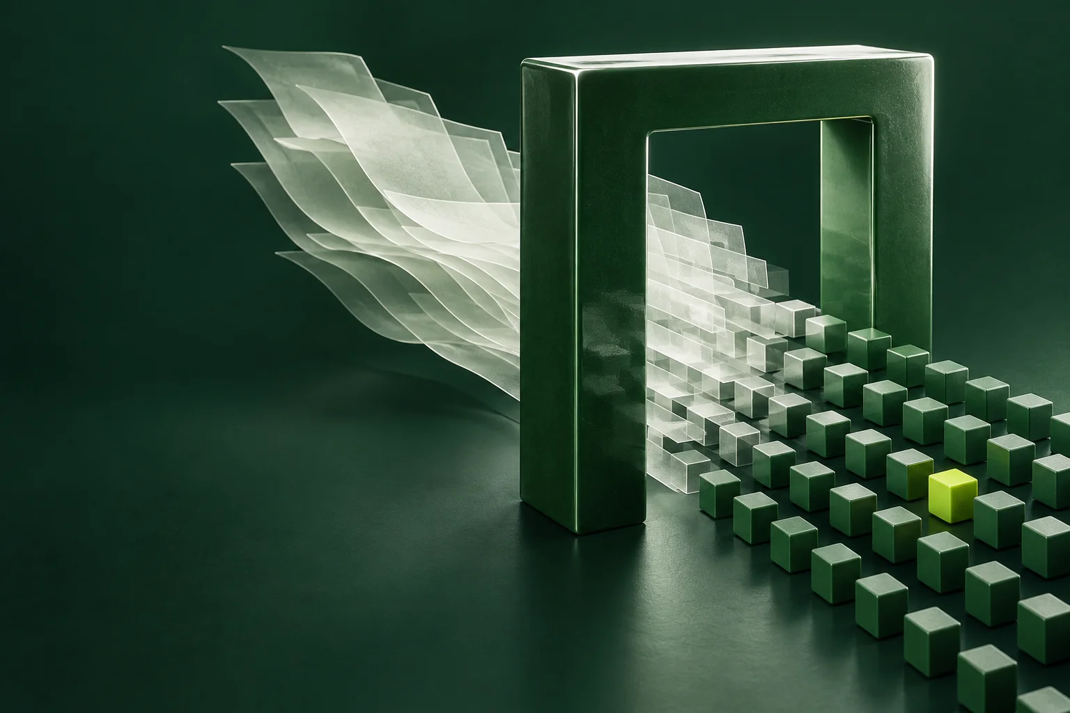 Sculptural invoice sheets passing through a digital gateway into structured data blocks