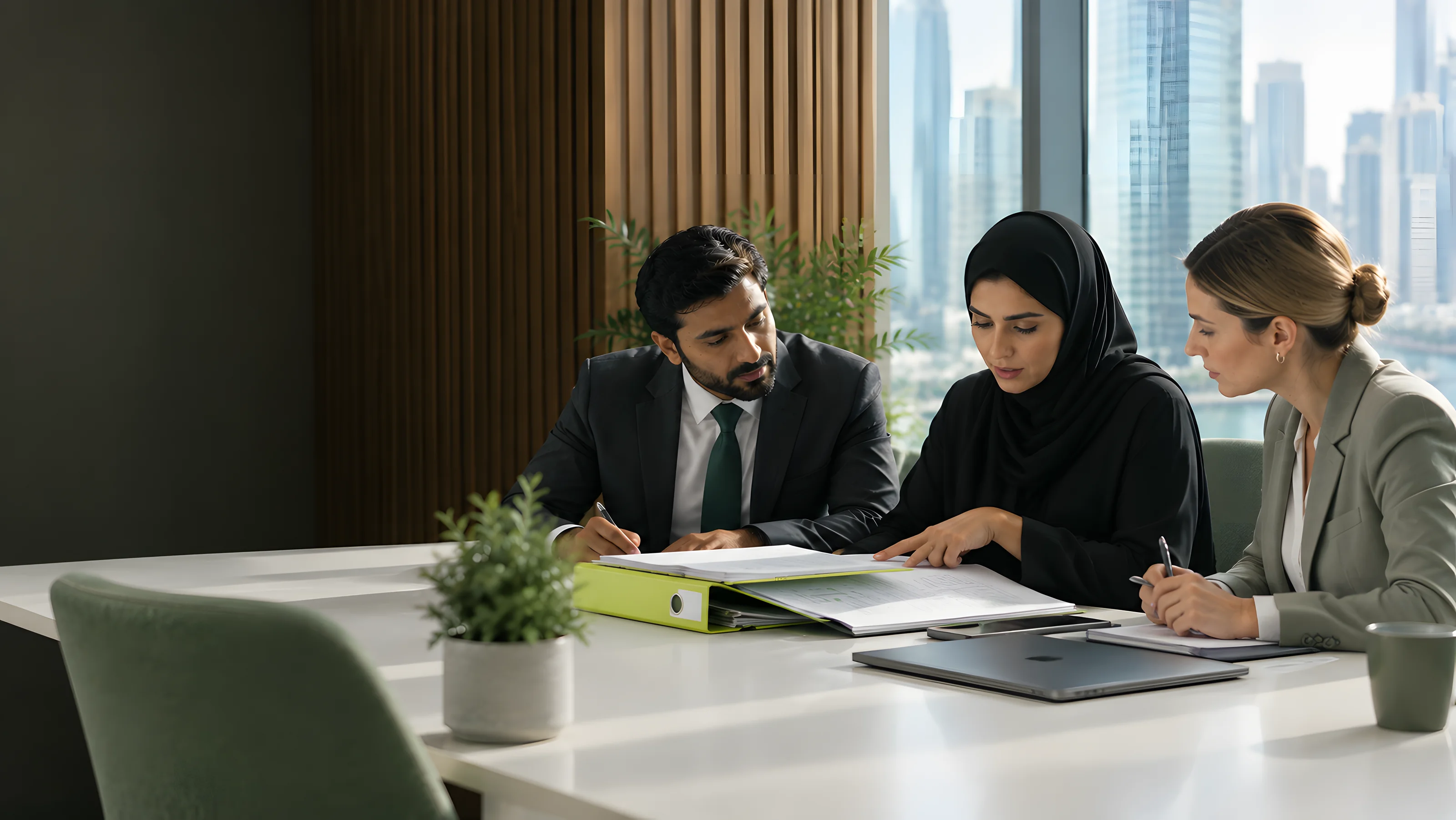 An Emirati advisor and two colleagues reviewing a file together at a white meeting table
