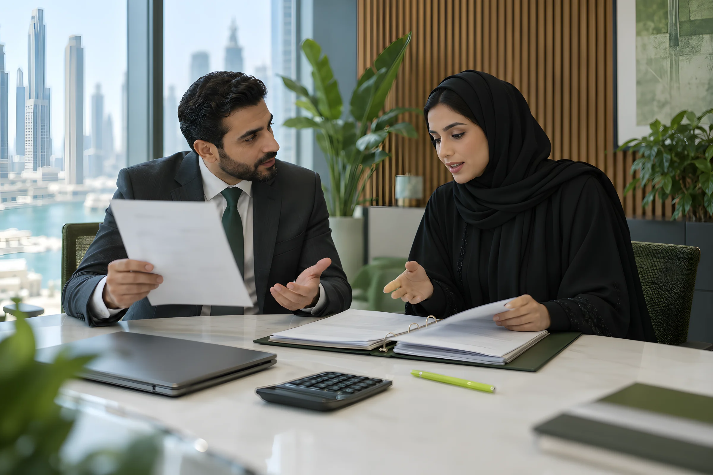 مدقق يراجع المستندات المؤيدة مع مدير مالي