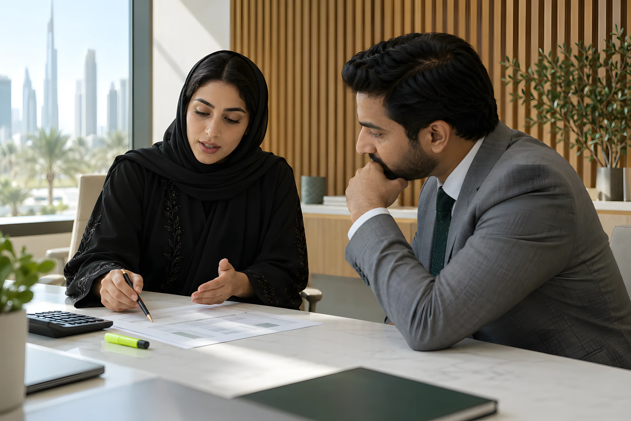 مستشار ضريبي يشرح إقرار ضريبة القيمة المضافة لصاحب عمل على طاولة بيضاء